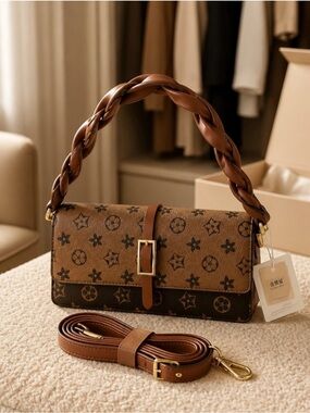 NWT Monogram Flap Crossbody Bag Braided Shoulder Strap Brown Two Tone